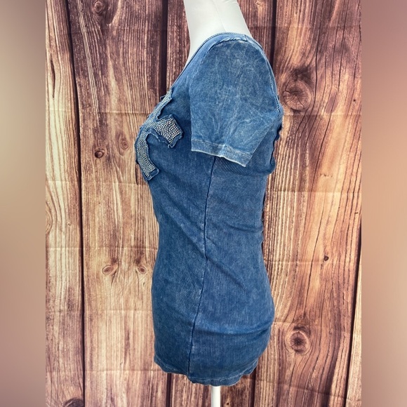 Vocal stretch faux crystal rhinestone crosses blue T-shirt women’s M - Picture 7 of 14